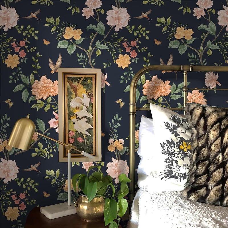 Froluya Dark Blue Floral Peel and Stick Wallpaper Vintage Floral Contact Paper 16.9” x 393.7” Bird Wallpaper Peel and Stick Boho Flowers Self Adhesive Removable Waterproof Wall Paper for Bathroom - Image 2